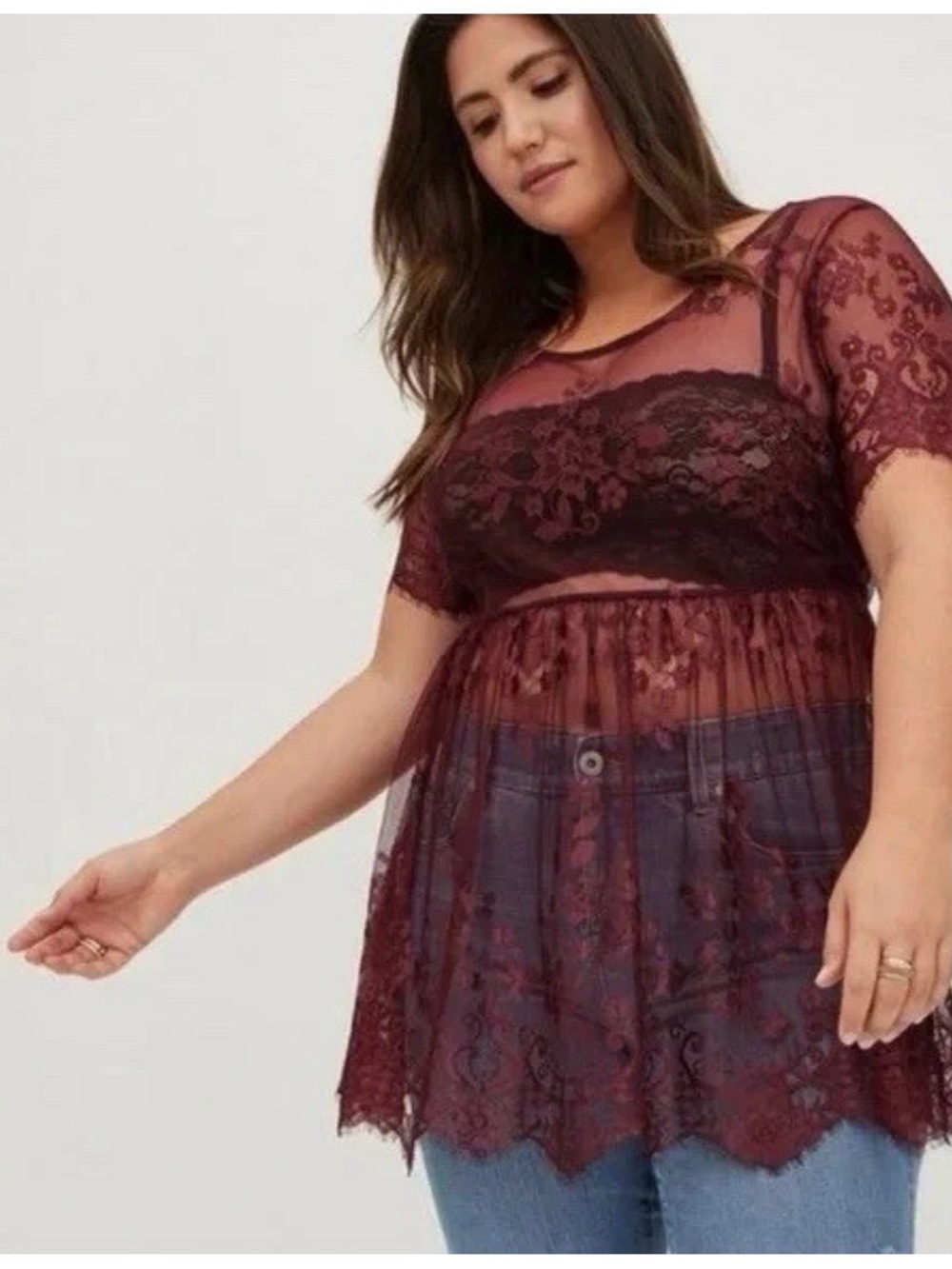torrid Sheer Lace Peplum Top in Wine